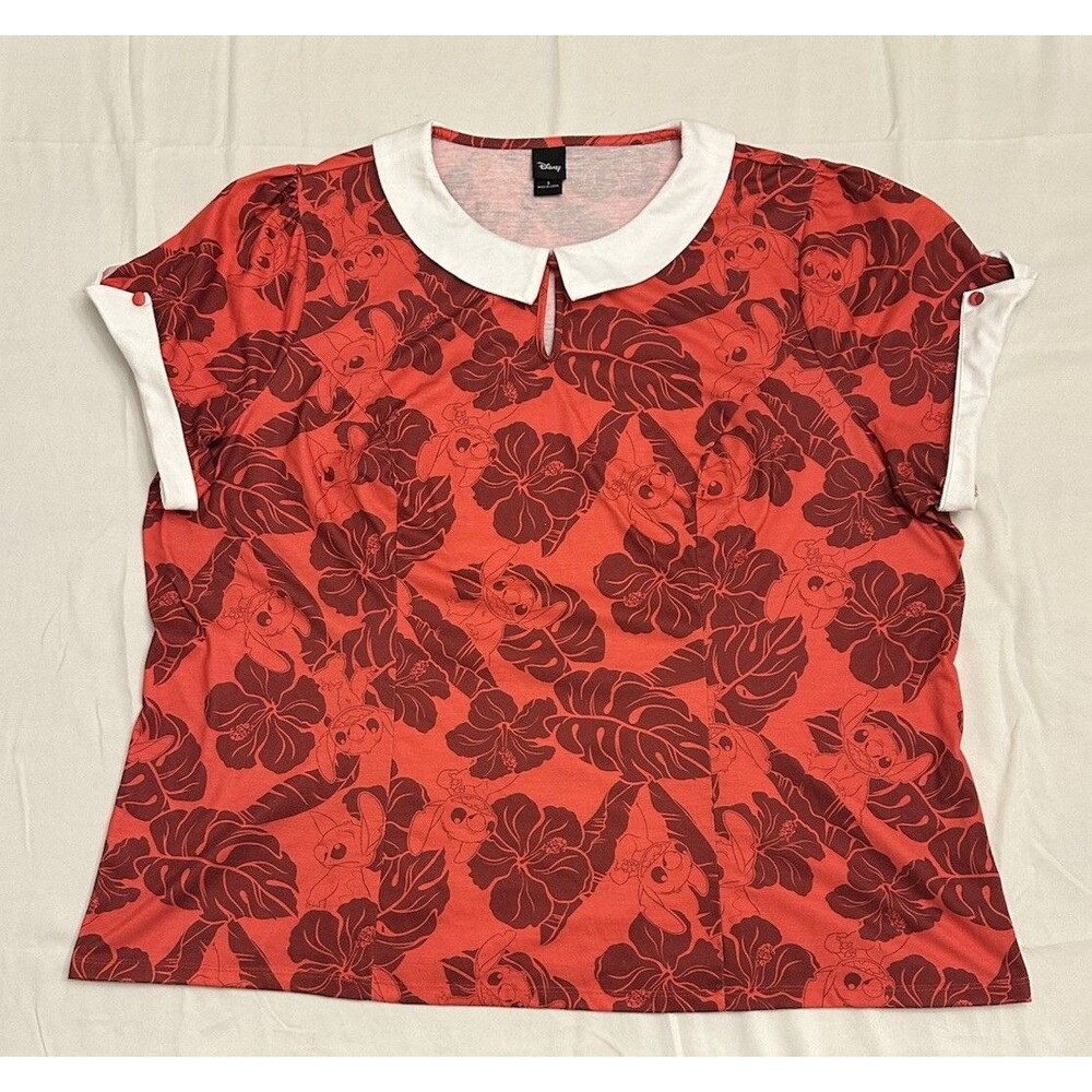 Disney Her Universe Lilo & Stitch Floral Peter Pan Collar Top Red Torrid Size 3
